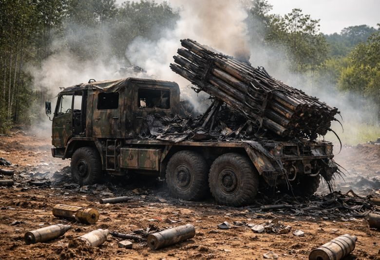 A Chinese-made Type-90B rocket artillery system exploded